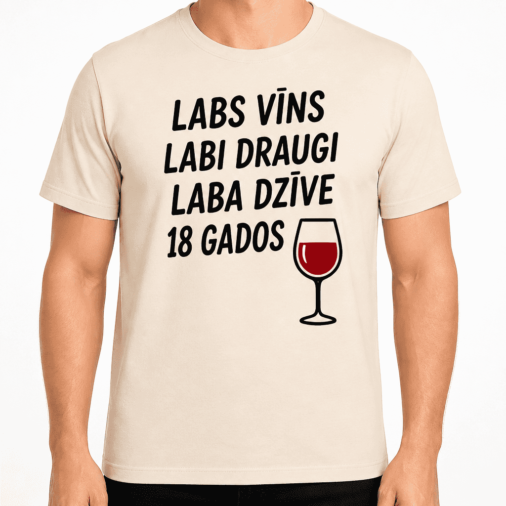 T-krekls 18 gadu jubilejai – Labs vīns labi draugi laba dzīve 18 gados