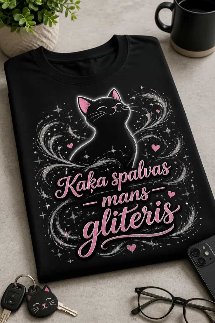 Kaķu T-krekls “Kaķa spalvas — mans gliteris”