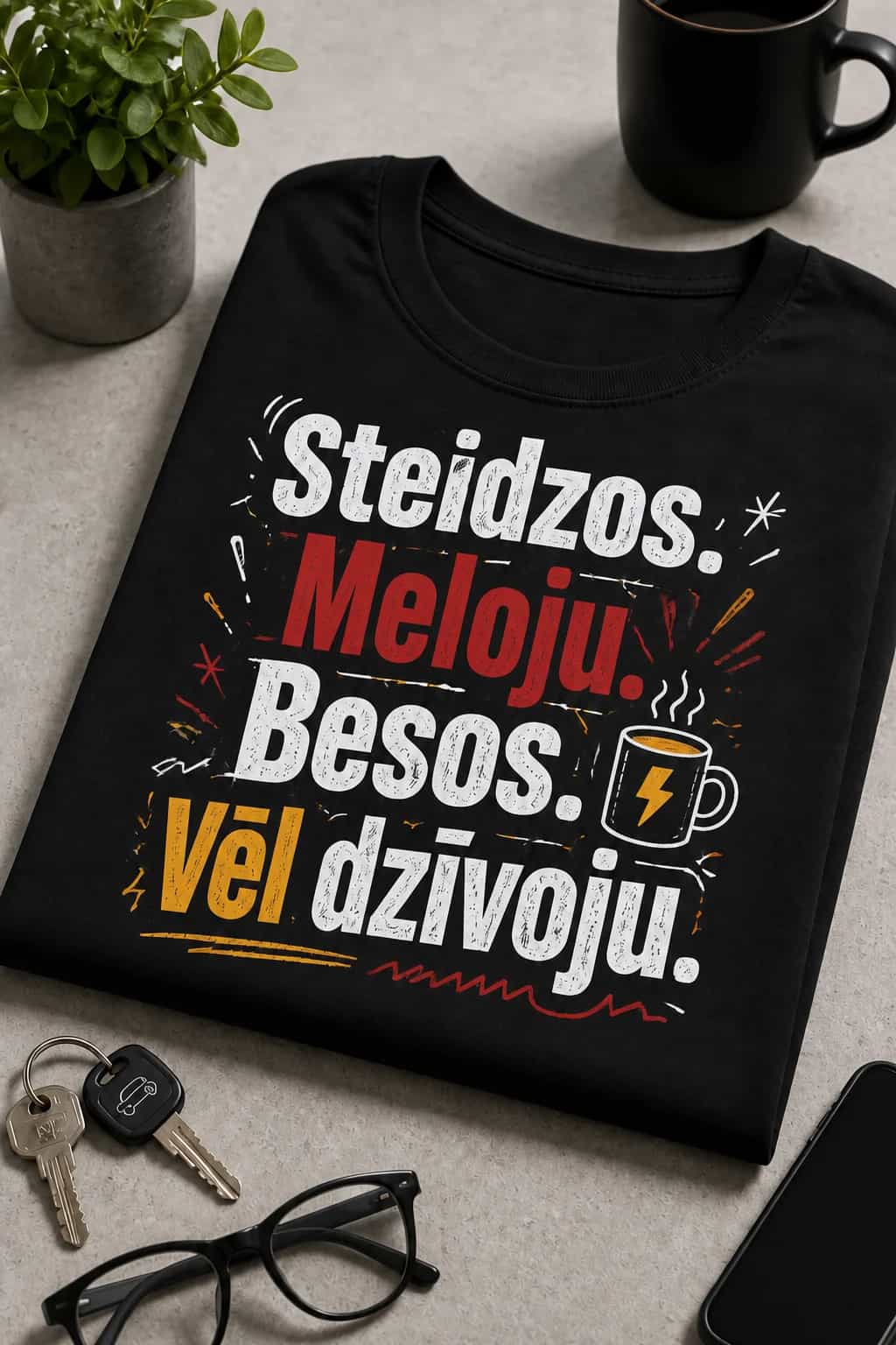 T-krekls „Steidzos. Meloju. Besos. Vēl dzīvoju.“