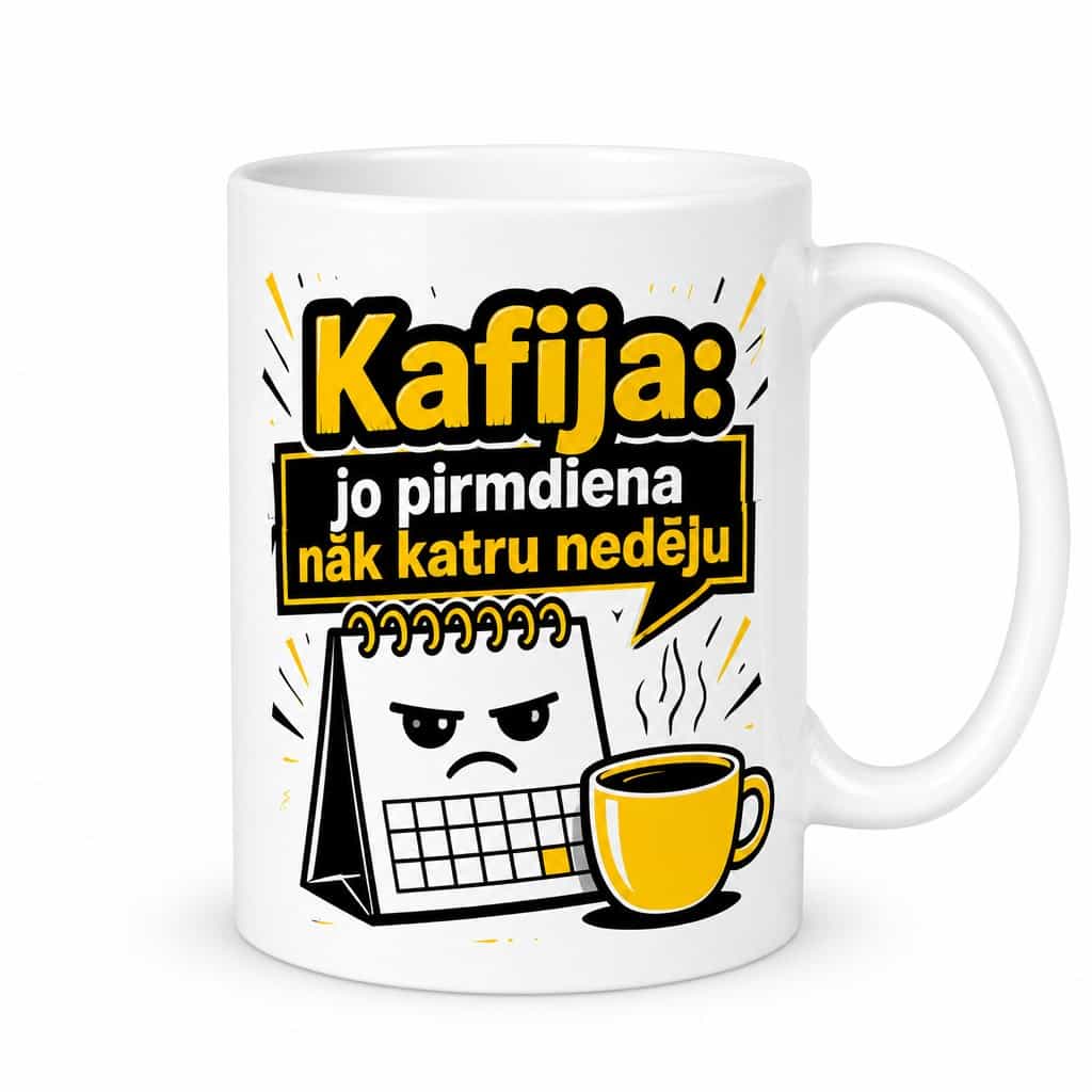 Krūze ar uzrakstu: Kafija – jo pirmdiena nāk katru nedēļu