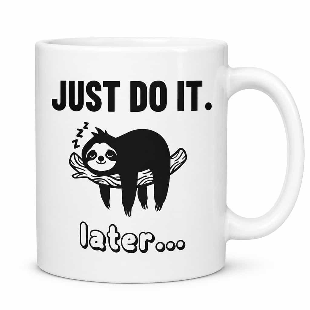 Smieklīga krūze Sliņķis vēlāk – JUST DO IT. later....