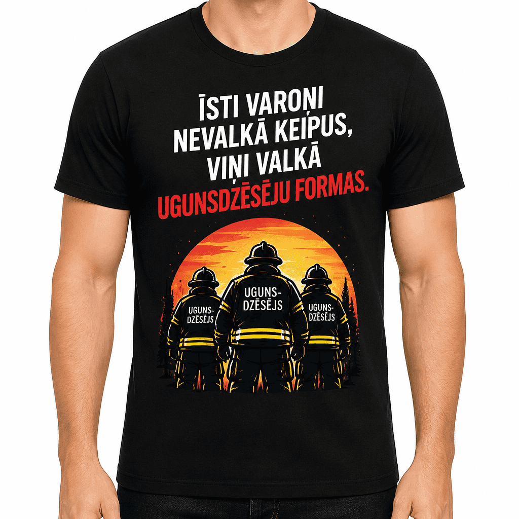 UgunsdzÄsÄja T-krekls ā ÄŖsti varoÅi nevalkÄ keipus, viÅi valkÄ ugunsdzÄsÄju formas.