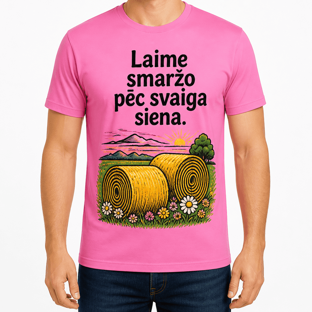 T-krekls lauksaimniekam – Laime smaržo pēc svaiga siena.