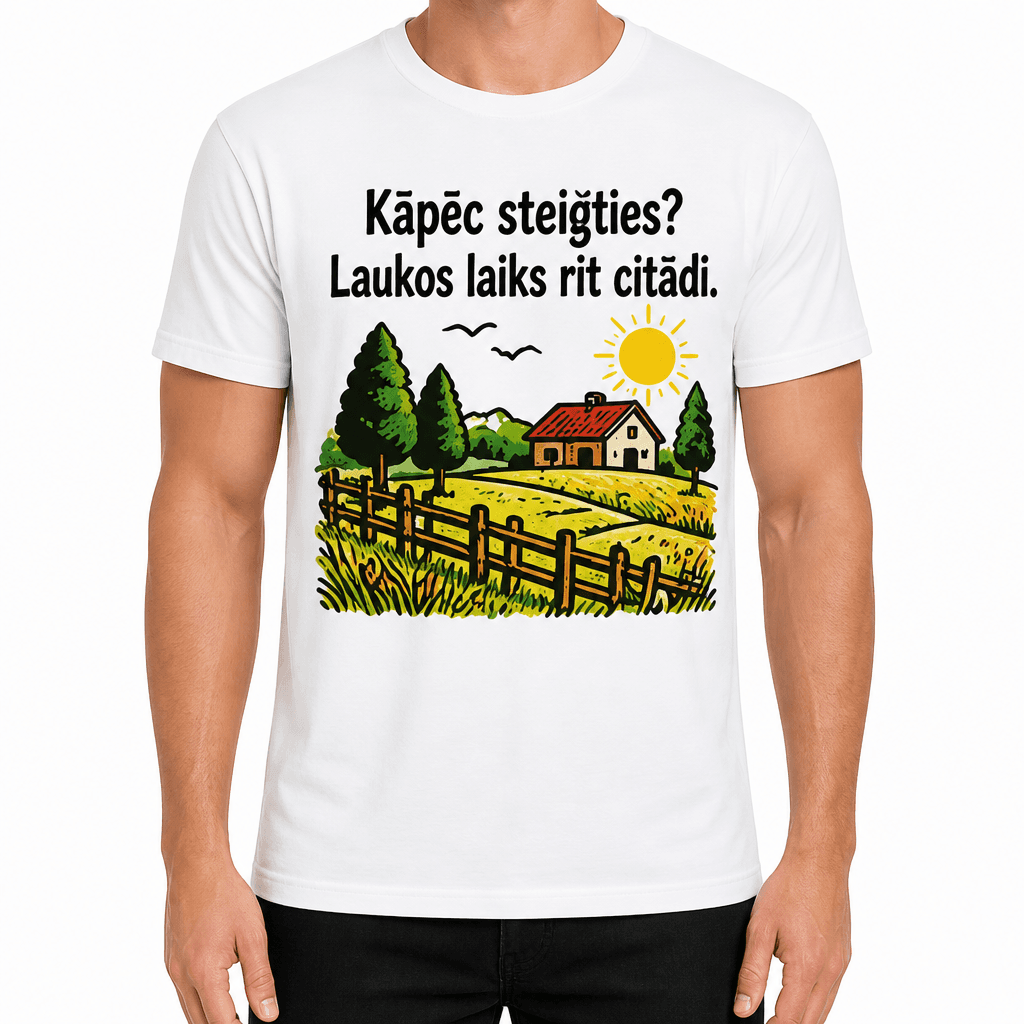 T-krekls lauksaimniekam – Kāpēc steigties? Laukos laiks rit citādi.