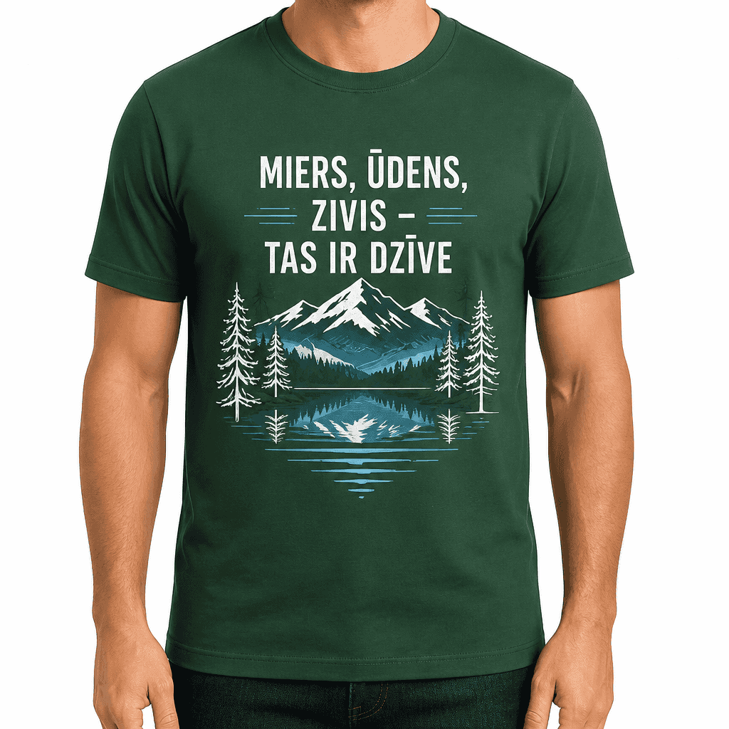 Makšķernieka T-krekls – MIERS, ŪDENS, ZIVIS – TAS IR DZĪVE