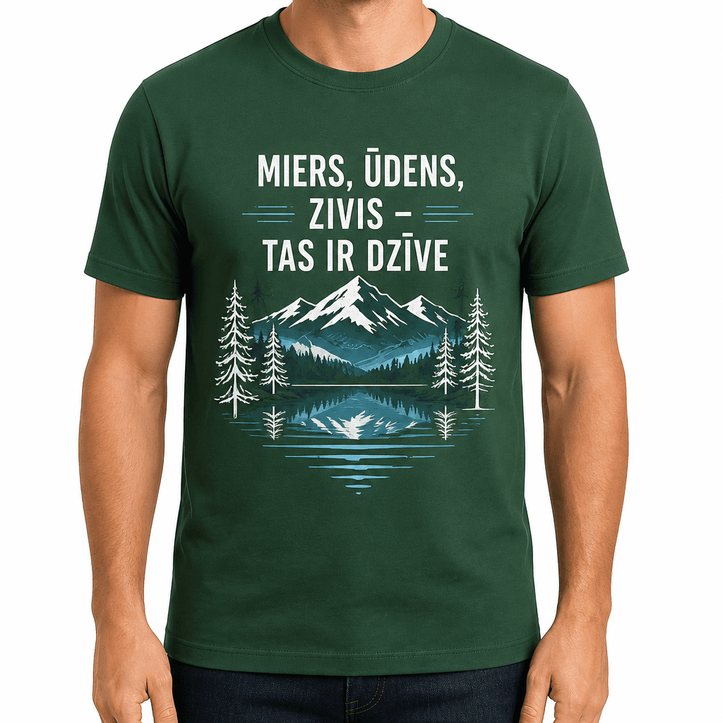 Makšķernieka T-krekls – MIERS, ŪDENS, ZIVIS – TAS IR DZĪVE