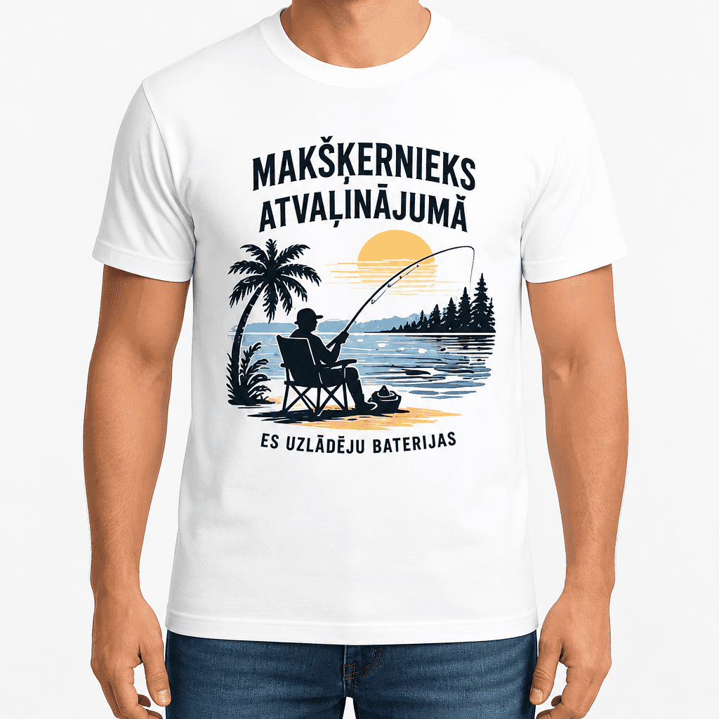Makšķernieka T-krekls – MAKŠĶERNIEKS ATVAĻINĀJUMĀ