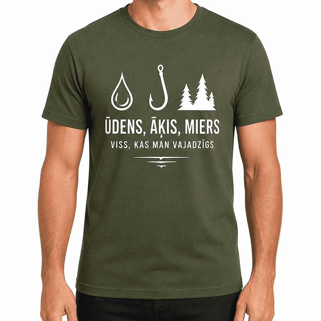 Makšķernieka T-krekls – ŪDENS, ĀĶIS, MIERS