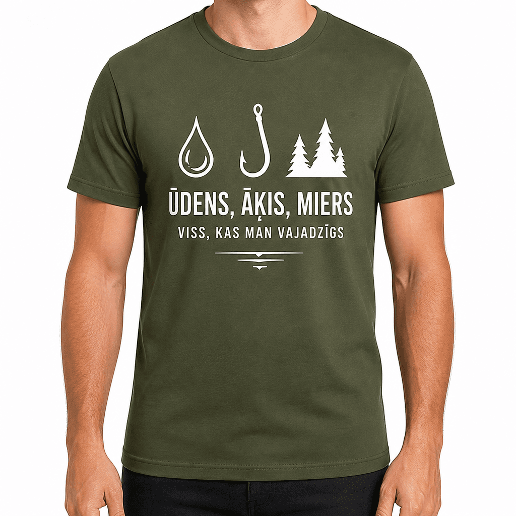 Makšķernieka T-krekls – ŪDENS, ĀĶIS, MIERS