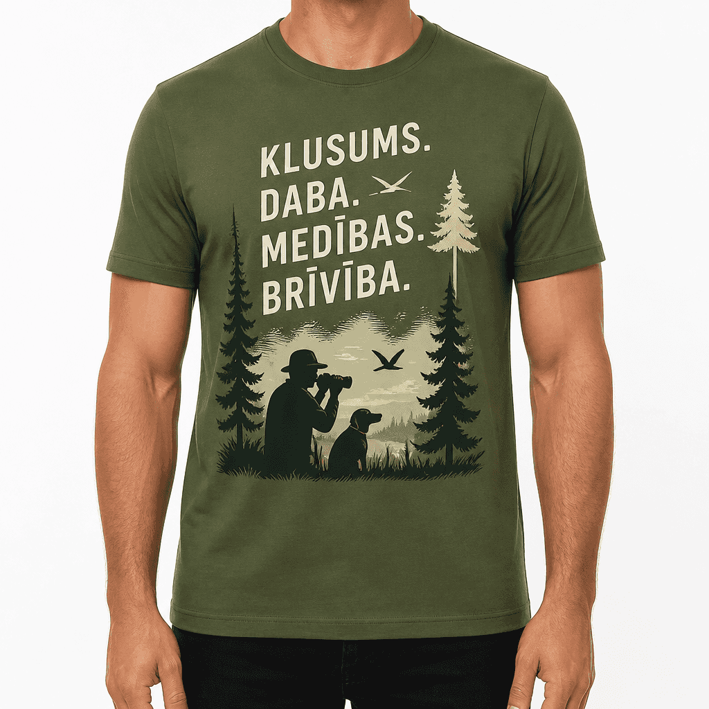 Mednieka T-krekls – KLUSUMS. DABA. MEDĪBAS. BRĪVĪBA.