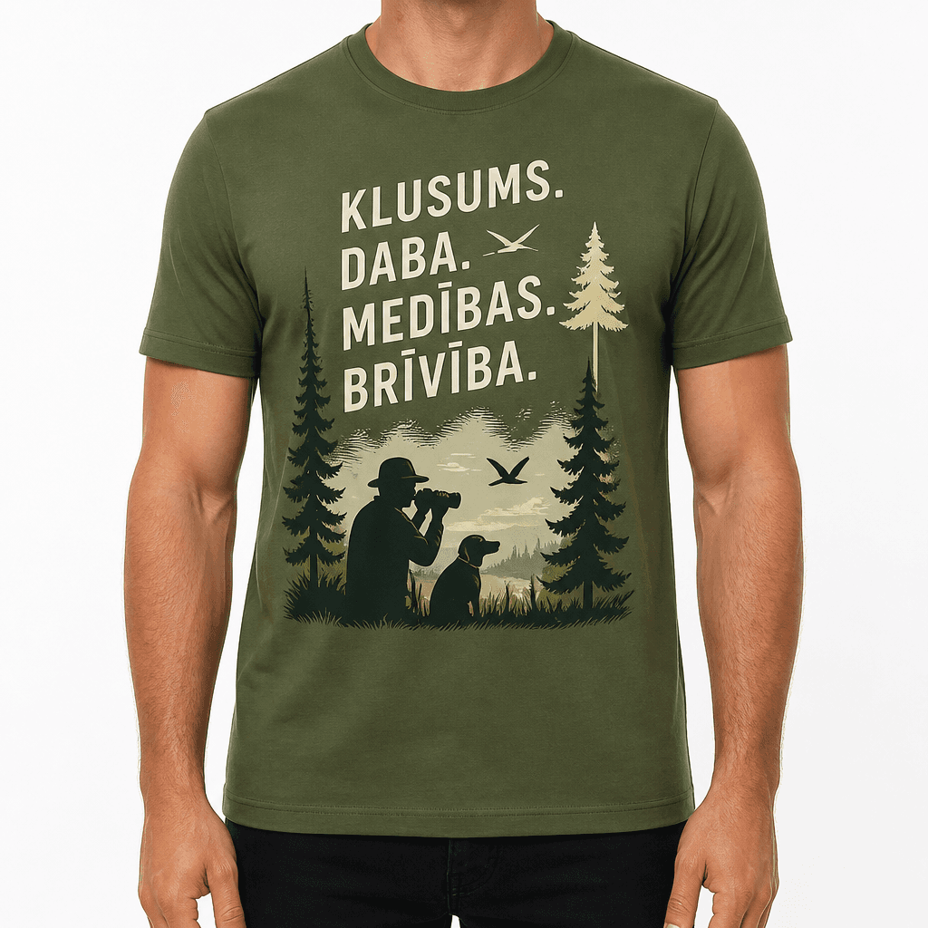 Mednieka T-krekls – KLUSUMS. DABA. MEDĪBAS. BRĪVĪBA.