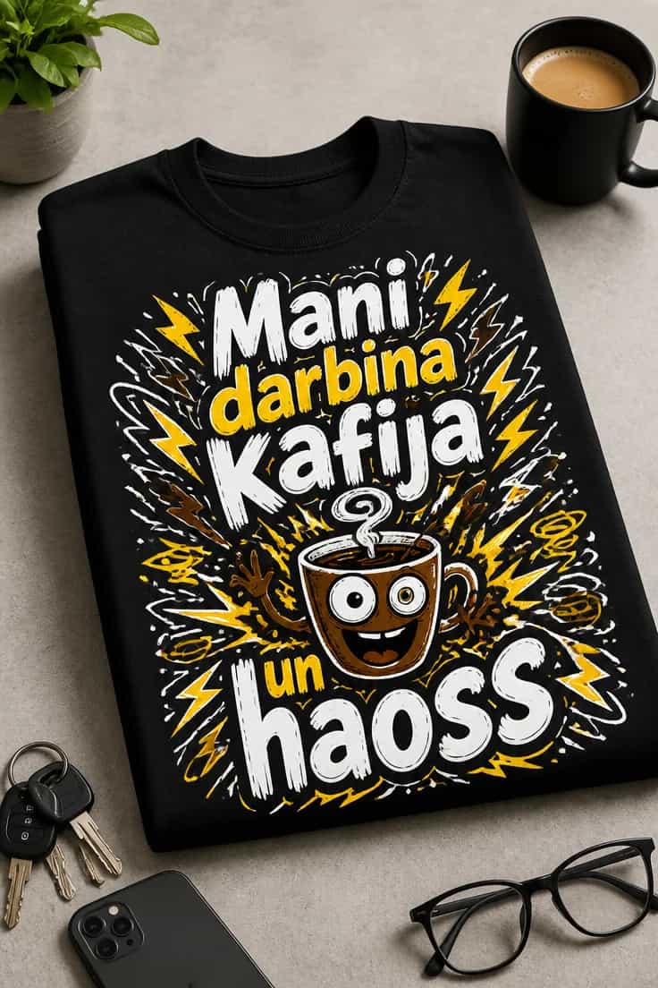 Smieklīgs kafijas T-krekls: Mani darbina kafija un haoss