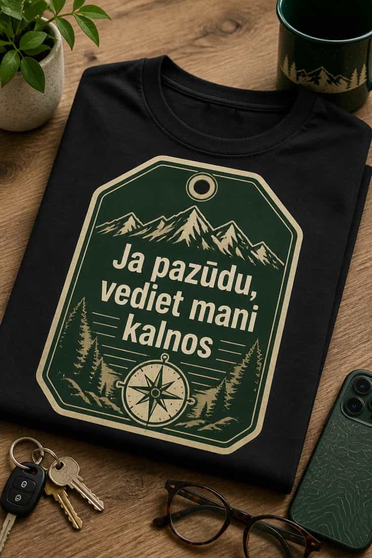 Kempinga T-krekls “Ja pazūdu, vediet mani kalnos”