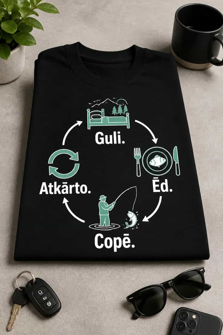 Makšķernieku T-krekls Guli. Ēd. Copē. Atkārto.