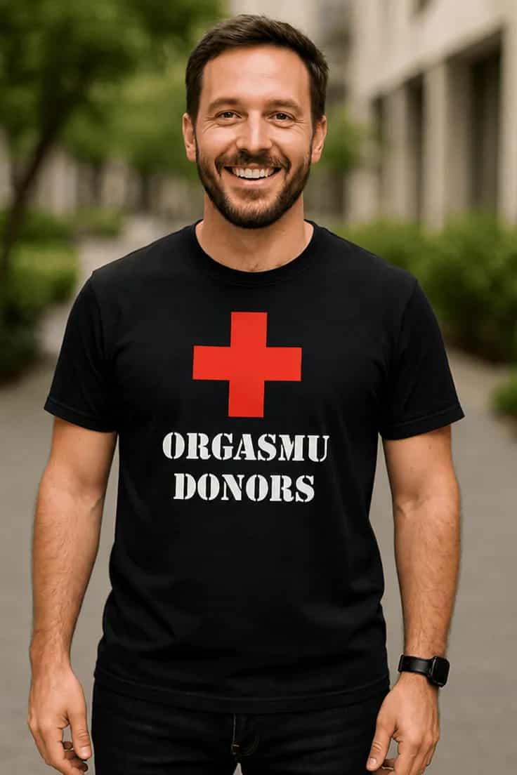 Smieklīgs T-krekls „Orgasmu donors“