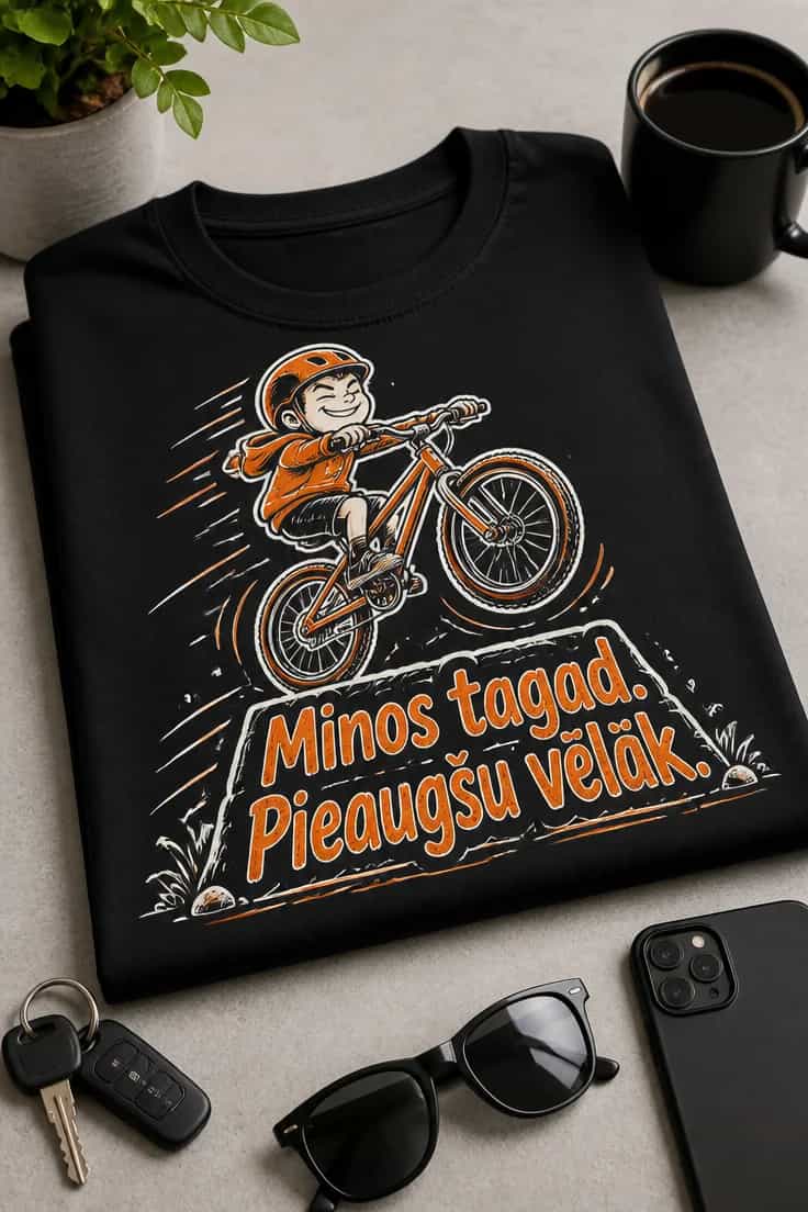 Velosipēda T-krekls – Minos tagad. Pieaugšu vēlāk.