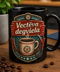 Vintage stila krūze ar centrētu retro degvielas pumpja emblēmu un kafijas krūzi, teksts “Vectēva degviela”, distressed krāsās