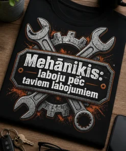 Mehāniķa T-krekls ar emblēmu, sakrustotu atslēgu un zobratu, tekstu Mehāniķis: laboju pēc taviem labojumiem, industriālā stilā