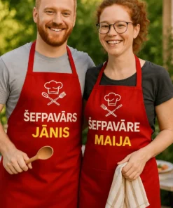 Priekšauts virtuves boss ar vārdu ar apdruku ŠEFPAVĀRS JĀNIS ŠEFPAVĀRE MAIJA