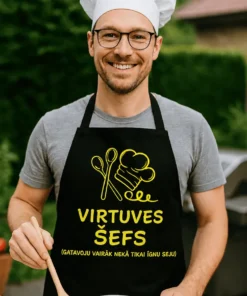 Priekšauts Virtuves šefs ar uzdrīkstējošu pavāra dizainu un tekstu VIRTUVES ŠEFS