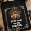 Smieklīgs T-krekls ar smadzeņu un diploma stila ilustrāciju, sarkastisks uzraksts Pārāk daudz domāju. Profesionāli.