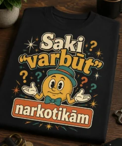 Vintage stila T-krekls ar uzrakstu Saki “varbūt” narkotikām, retro PSA parodijas grafiku un ironisku humoru