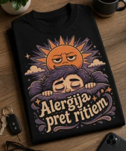 Retro stila T-krekls ar grumpy sauli, miegainu seju un tekstu “Alerģija pret rītiem”
