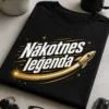 T-krekls ar uzrakstu Nākotnes leģenda, zelta un balts futūristisks tipogrāfijas dizains ar raķetes trajektoriju